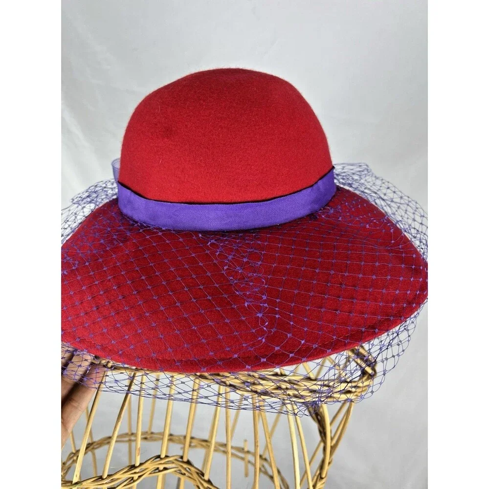 Vintage 100% Wool Red Wide Brim Derby Hat Purple Bow Church Tea Party
